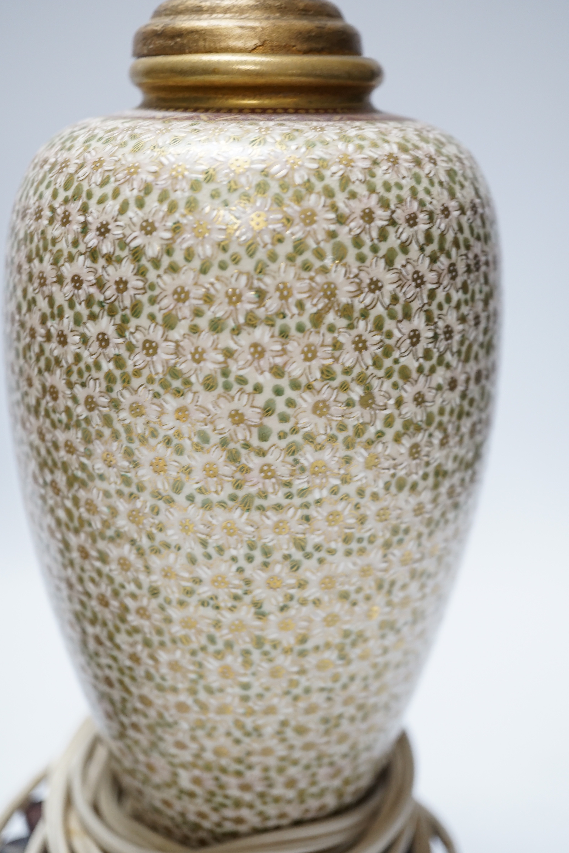 A pair of Japanese Satsuma vases mounted as lamps, total height including lamp fittings 31.5cm